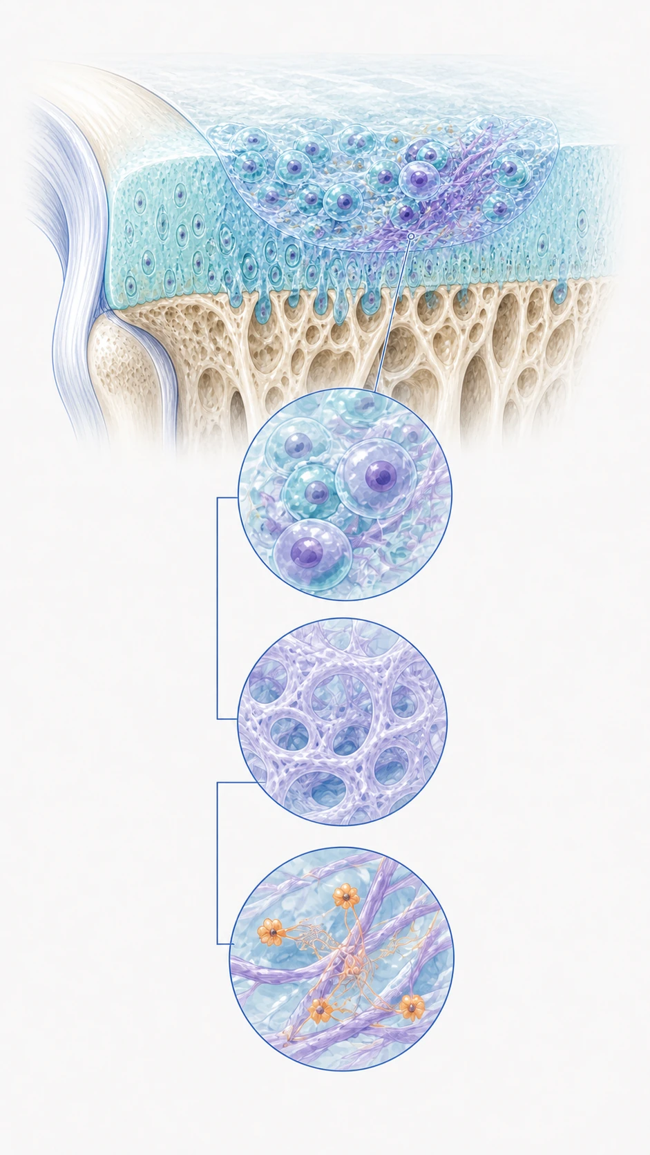 Detailed medical cutaway of cartilage and subchondral bone showing a locally retained repair environment with magnified cellular seed, supporting matrix soil and molecular signal