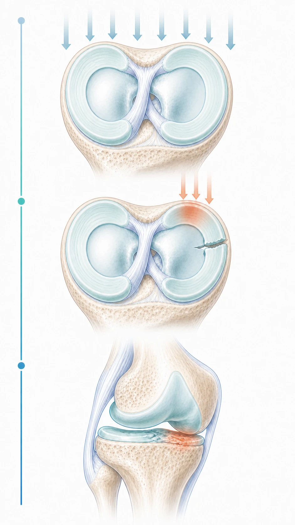 Medical illustrations showing intact menisci distributing load, a representative radial tear concentrating load, and meniscal tissue deficiency increasing pressure on adjacent cartilage