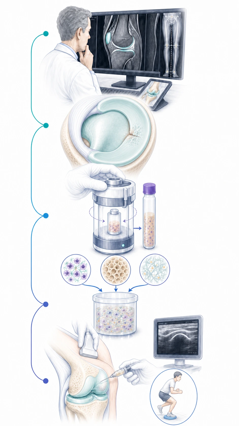 Medical illustration of the non-surgical NANO AMi pathway from assessment of stable partial-thickness meniscal damage through micrograft preparation and biological combination to image-guided needle delivery and progressive recovery